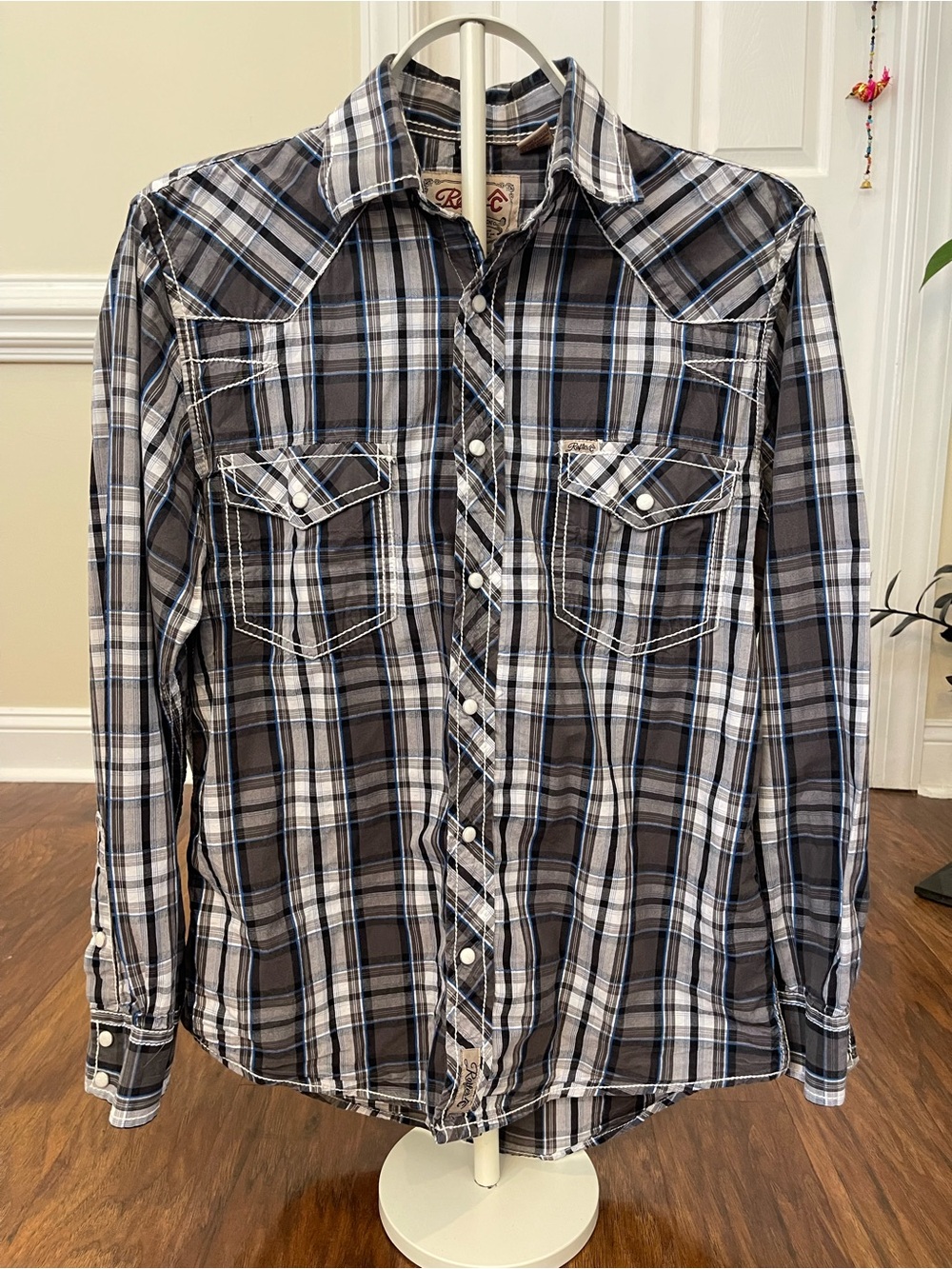 Rafter C Western Pearl Snap Shirt Gray White Blue Plaid Size Medium